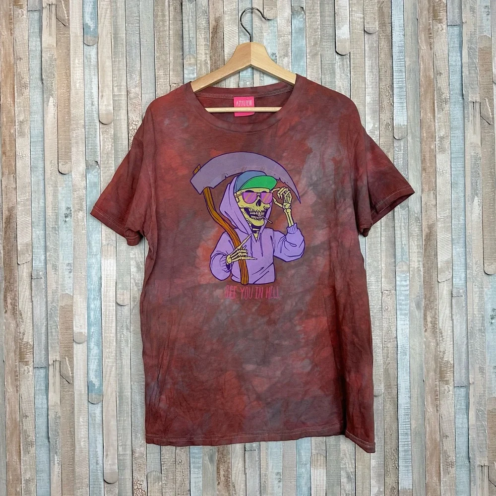 Ayylien Clothing L‎ Skeleton Hell Graphic Tie Dye Short Sleeve Tee T Shirt Punk